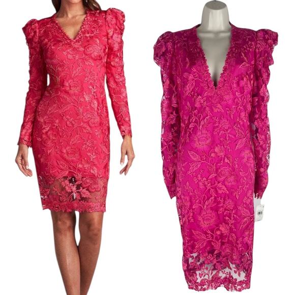 Tadashi Shoji Embroidered Puff Sleeve Cocktail Dress Pink Size 12 - Picture 2 of 10